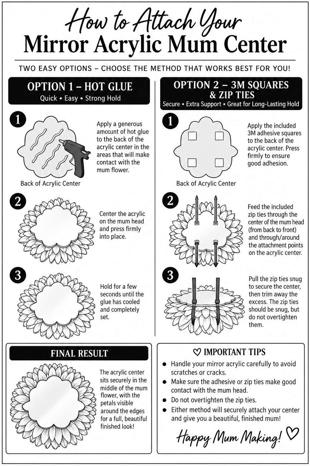Instructional graphic titled 'How to Attach Your Mirror Acrylic Mum Center' showing two application options: hot glue (Option 1) and zip ties with 3M squares (Option 2). The diagram includes step-by-step numbered illustrations of the back of an acrylic center and a finished mounted example, plus important tips and a 'Happy Mum, Making!' sign at the bottom.