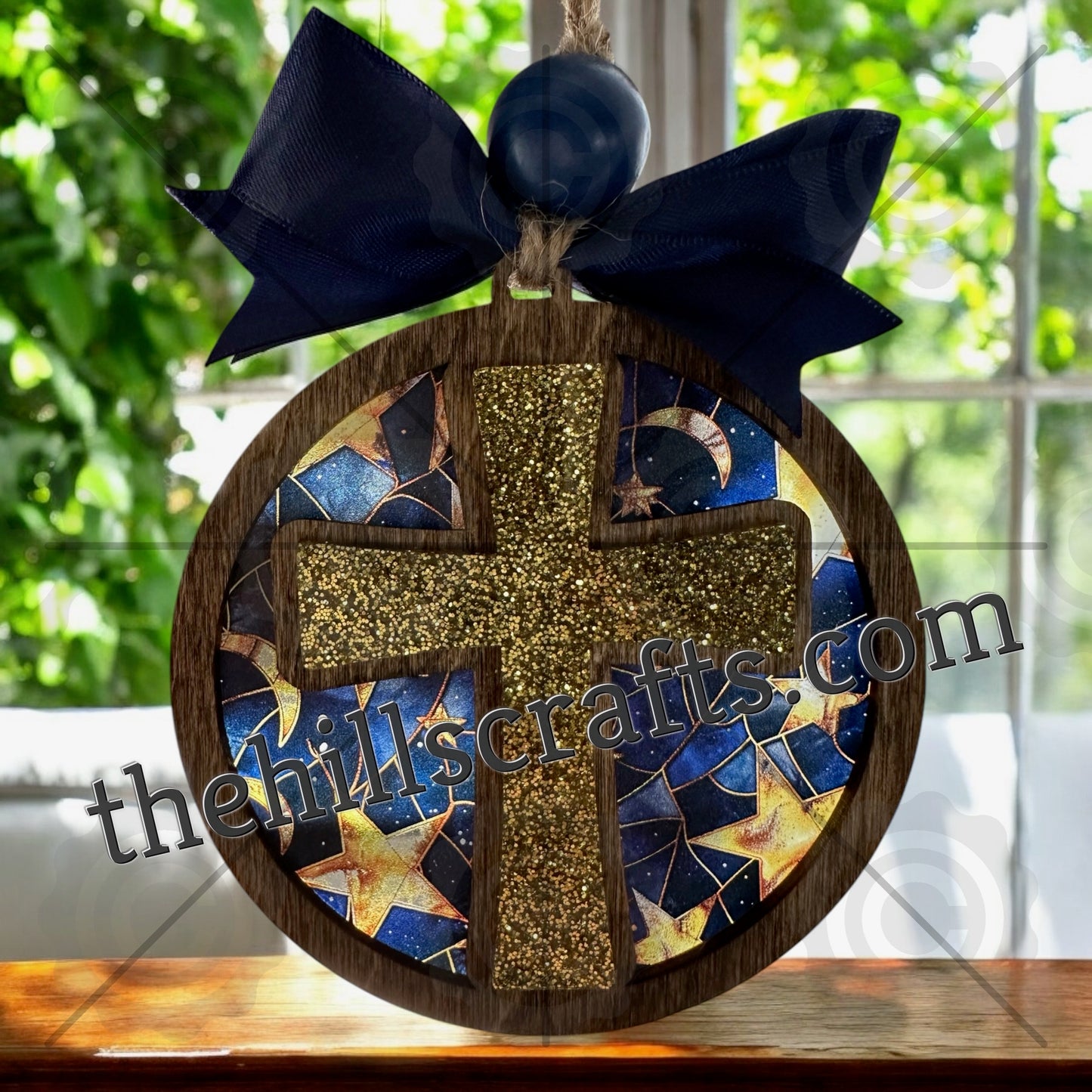 Gold Glitter Cross - Wooden cross - Stained Glass Star - Cross Ornament - Cross Suncatcher