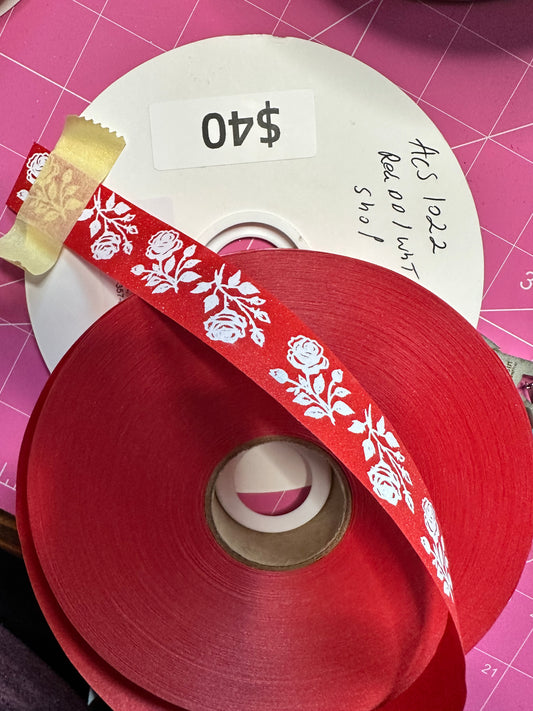 Red Diamond Dust White Roses Imprint Ribbon