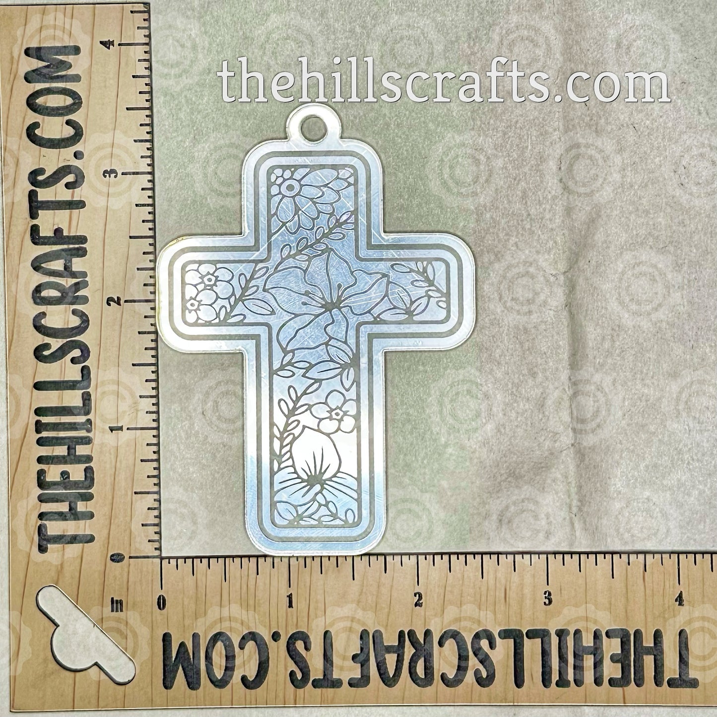 Cross With Fine Line Floral Pattern - Charm - Laser Engraved - Homecoming Trinket