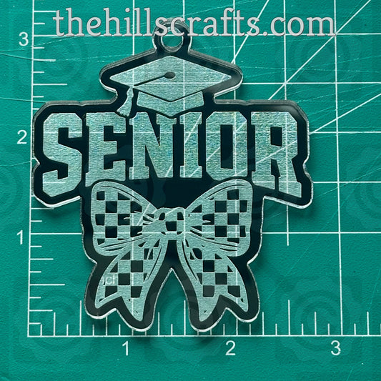 Senior with Graduation Grad Cap and Checkered Bow - Homecoming Trinkets - Mirror Acrylic Trinket