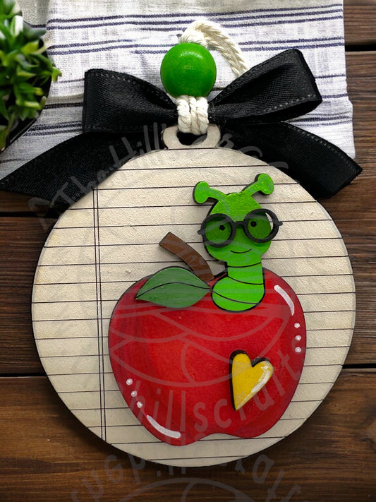 Teacher Ornament/ Teacher Car Charm - Apple with Worm