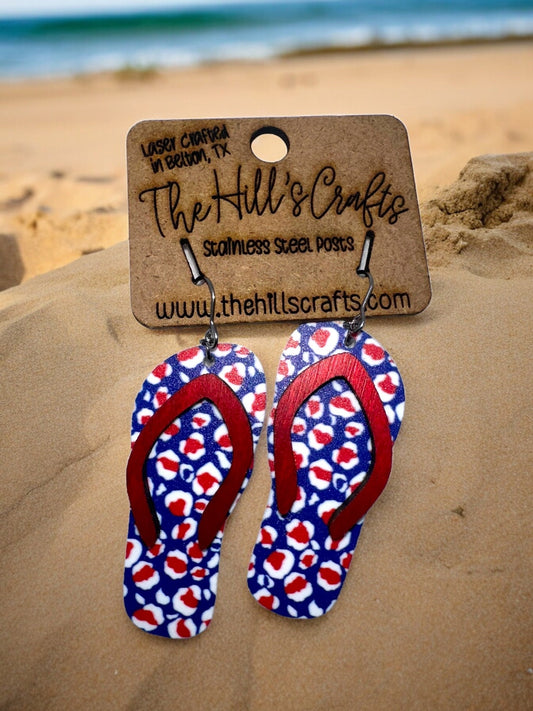 Patriotic 4th of July Leopard Print Flip Flop Earring Red White Blue